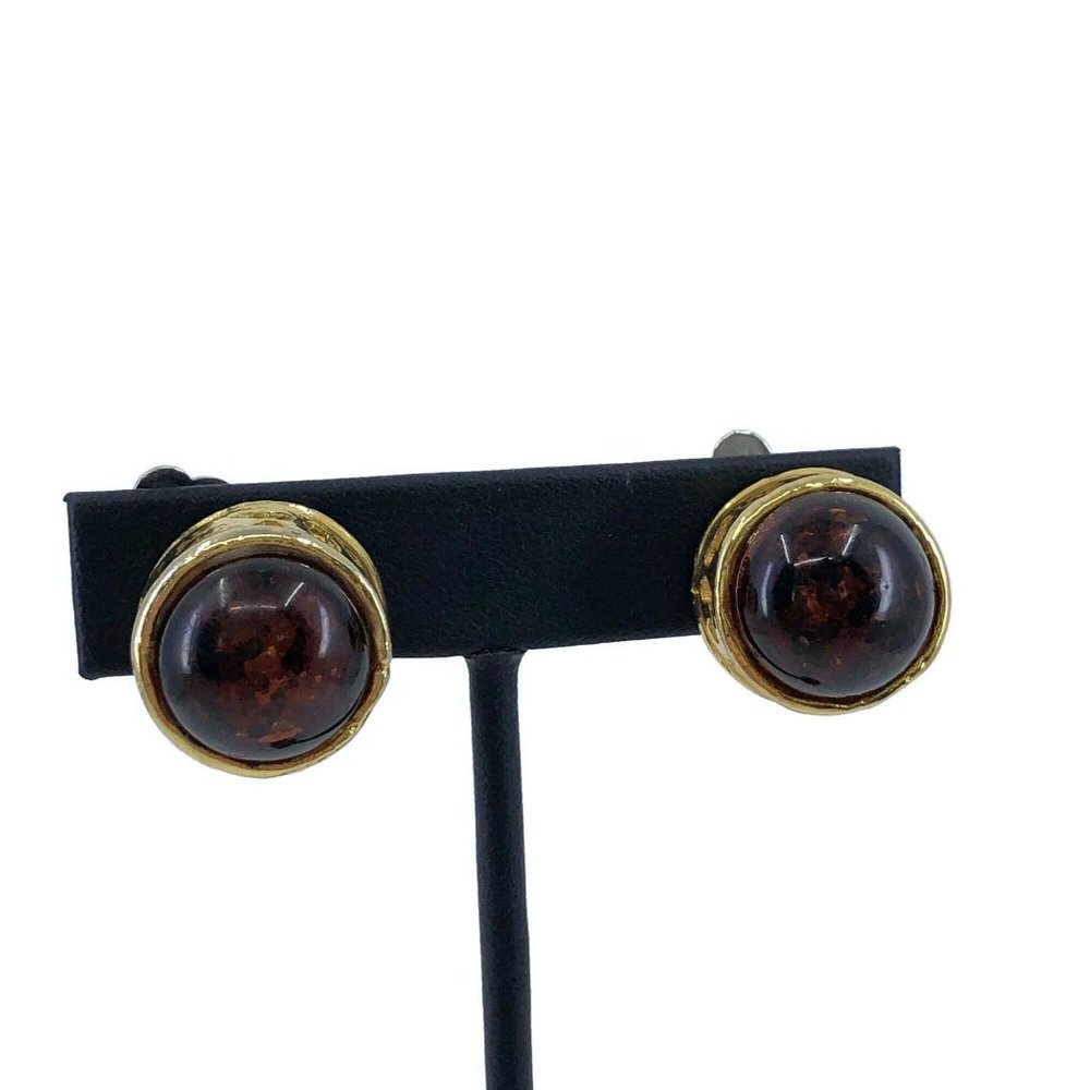 Vintage Amber Glass Clip On Earrings Unsigned, Chunky Round Clips - Picture 8 of 10
